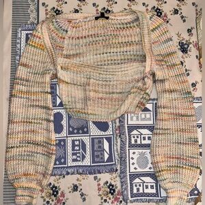Multicolor knit crop sweater with long puff sleeves